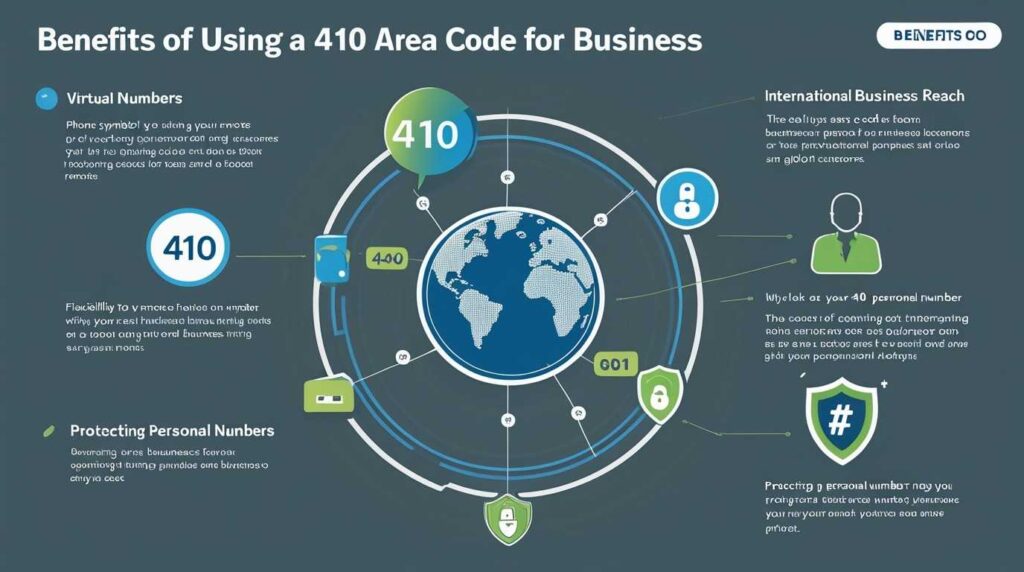 Benefits of the 410 area code for business virtual numbers, global reach, and personal number protection.