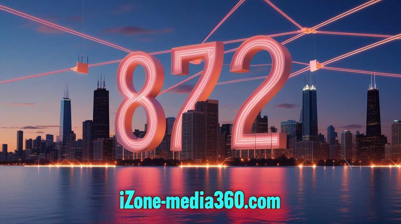 Chicago skyline with glowing communication lines, representing the importance of the 872 area code in the city’s telecommunication network.