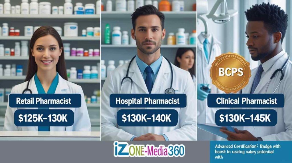 Comparison of pharmacist salaries in retail, hospital, and clinical settings, highlighting salary differences and certifications.