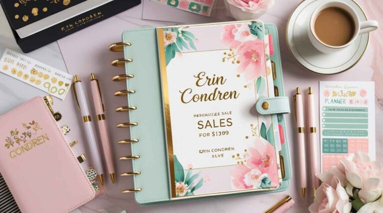 Erin Condren planner with accessories on a desk