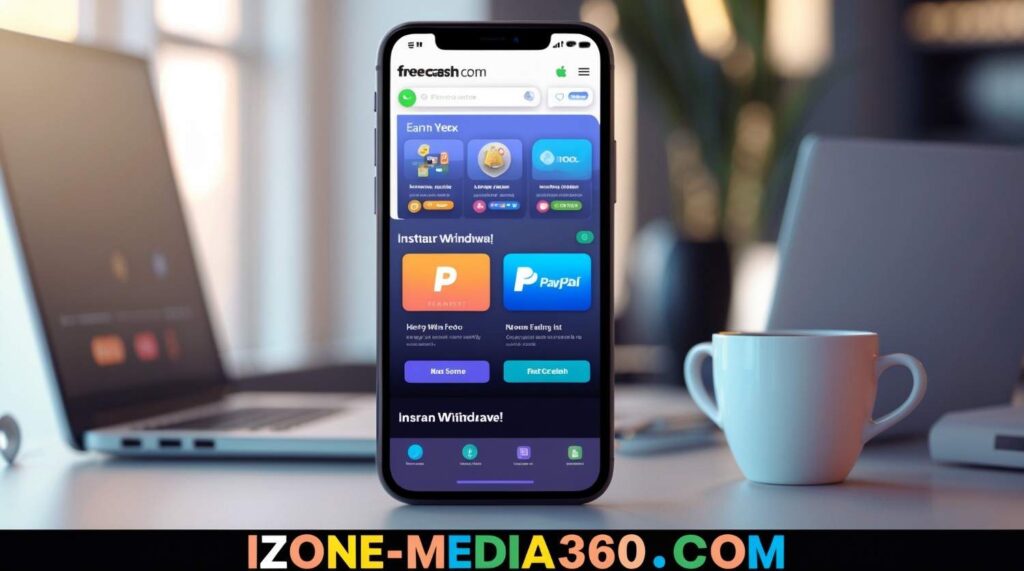 Freecash.com app on phone showing earning tasks and instant payouts.