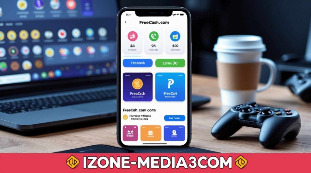 Freecash.com app on phone showing earning tasks and reward options.