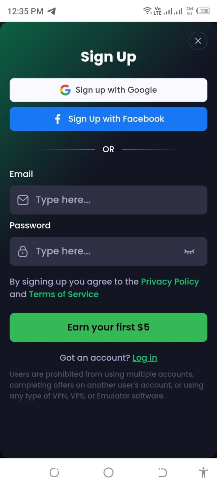 Freecash.com app sign-up screen on a smartphone.