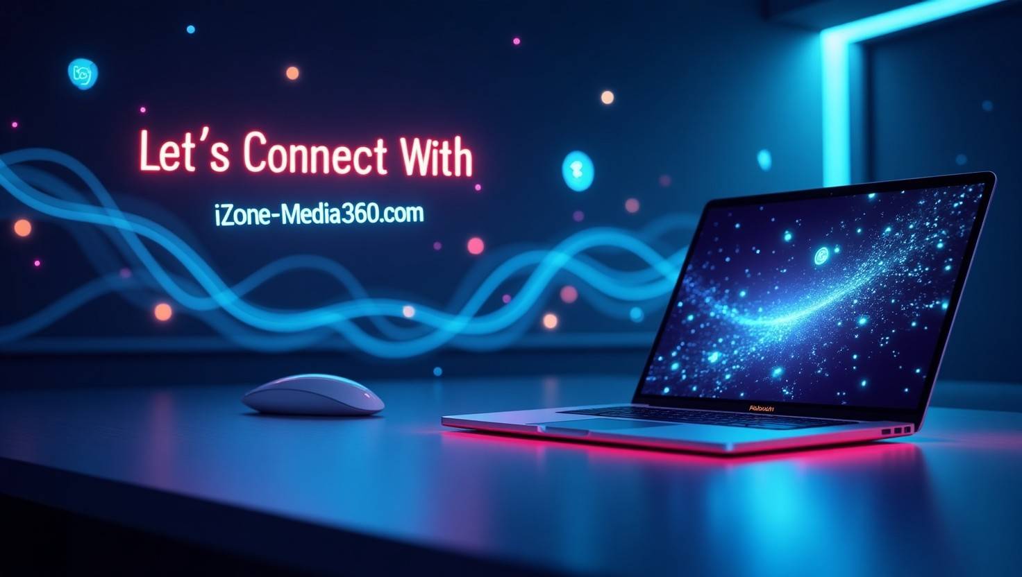 Futuristic digital media workspace with neon lights, a glowing laptop, and holographic icons iZone-Media360.com.