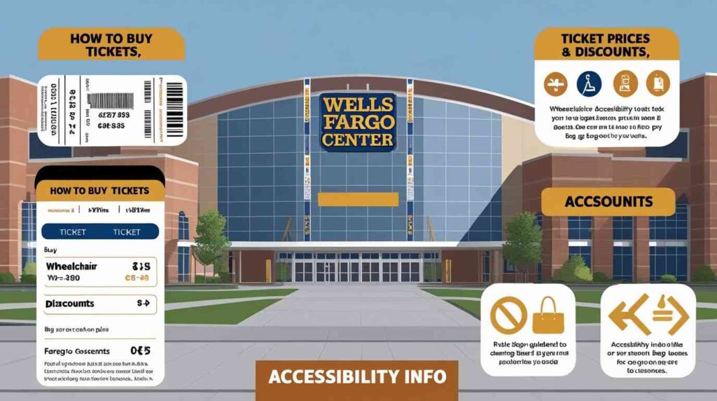 Graphic displaying ticket purchase options, pricing, accessibility features, and bag policy for Wells Fargo Center events.