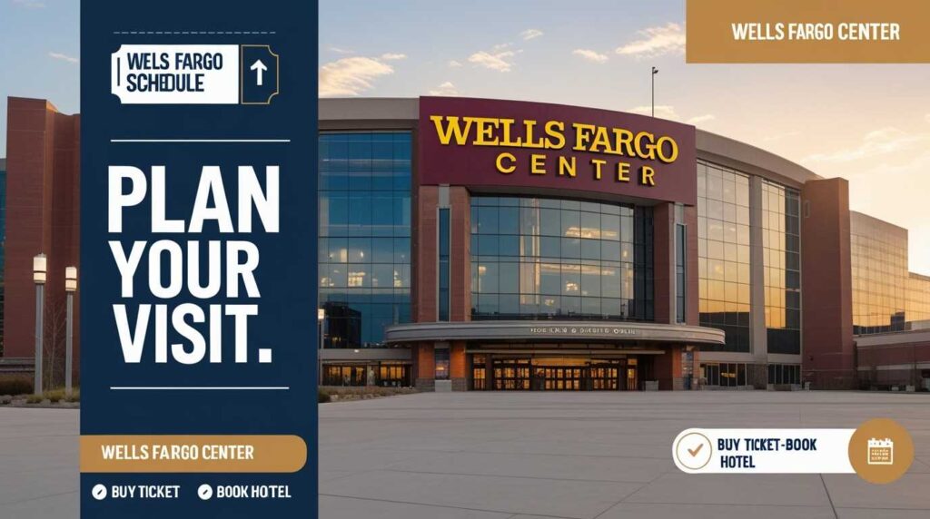 Graphic summarizing key Wells Fargo Center details with icons for tickets, hotels, and event planning tips.