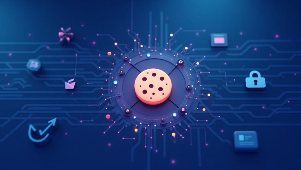 Illustration of a digital cookie with circuit patterns, symbolizing website tracking and performance optimization.