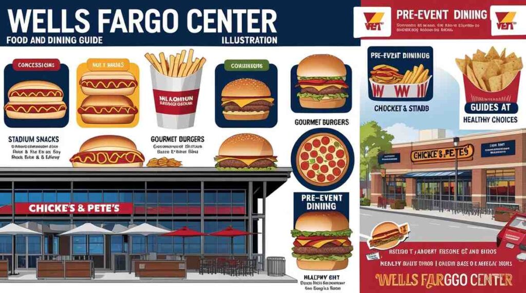 Illustration showcasing Wells Fargo Center food options, including stadium snacks, gourmet meals, and nearby restaurant dining.