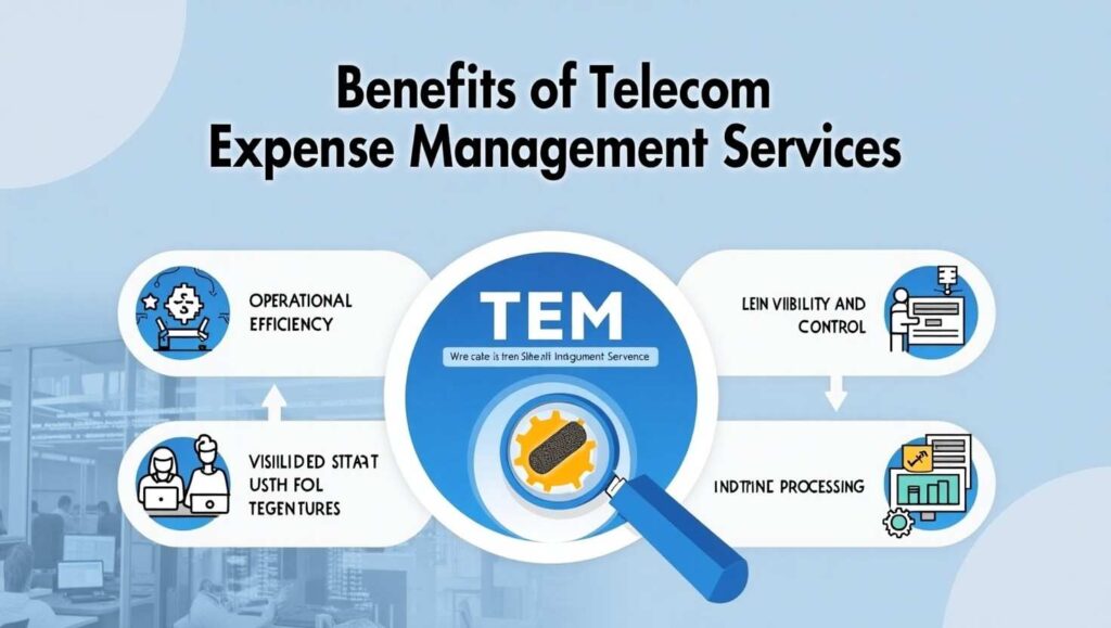 Infographic on Telecom Expense Management benefits with icons for cost reduction, efficiency, visibility, and automation.