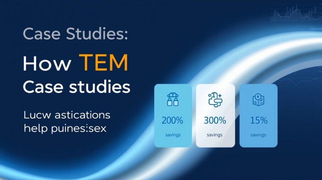 Infographic showing case studies of Telecom Expense Management success, including cost savings, invoice processing, and large-scale management.