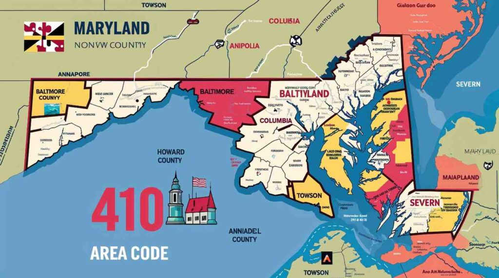 Map highlighting Maryland's 410 area code, including Baltimore, Annapolis, and major counties