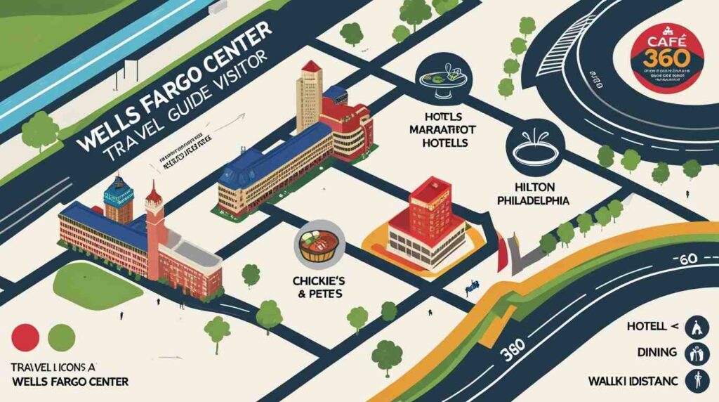 Map highlighting nearby hotels and restaurants around Wells Fargo Center, including accommodations and dining options.