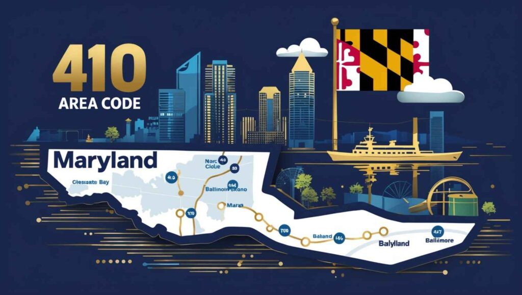 Map of Maryland highlighting the 410 area code with Baltimore and communication icons