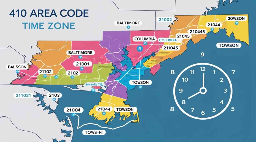 Map of Maryland's 410 area code, highlighting key cities like Baltimore, Columbia, and Towson with their zip codes, and indicating the Eastern Time Zone.