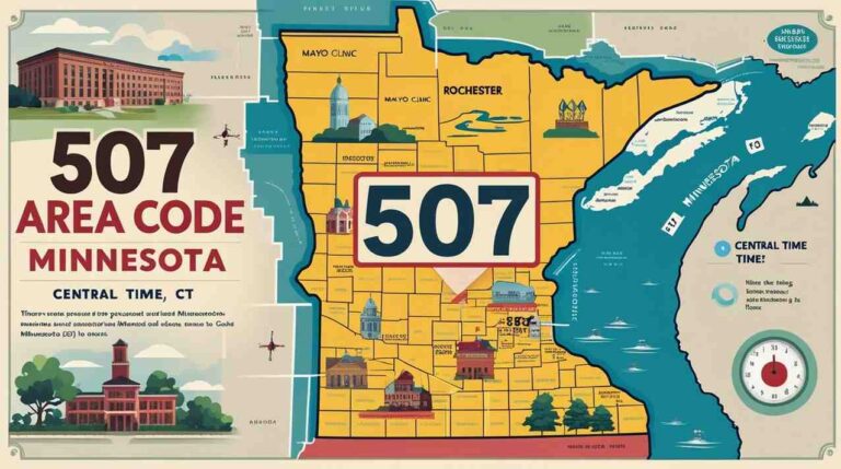 Map of Minnesota highlighting the 507 area code with landmarks and time zone.