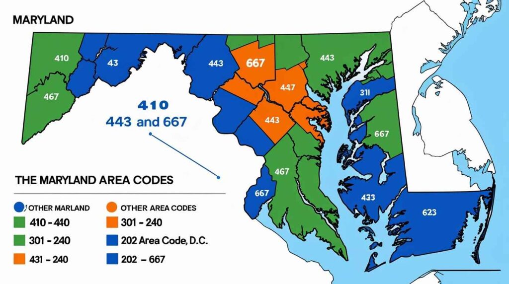 Map showing the 410 area code and its overlays with 443 and 667, along with other Maryland area codes.