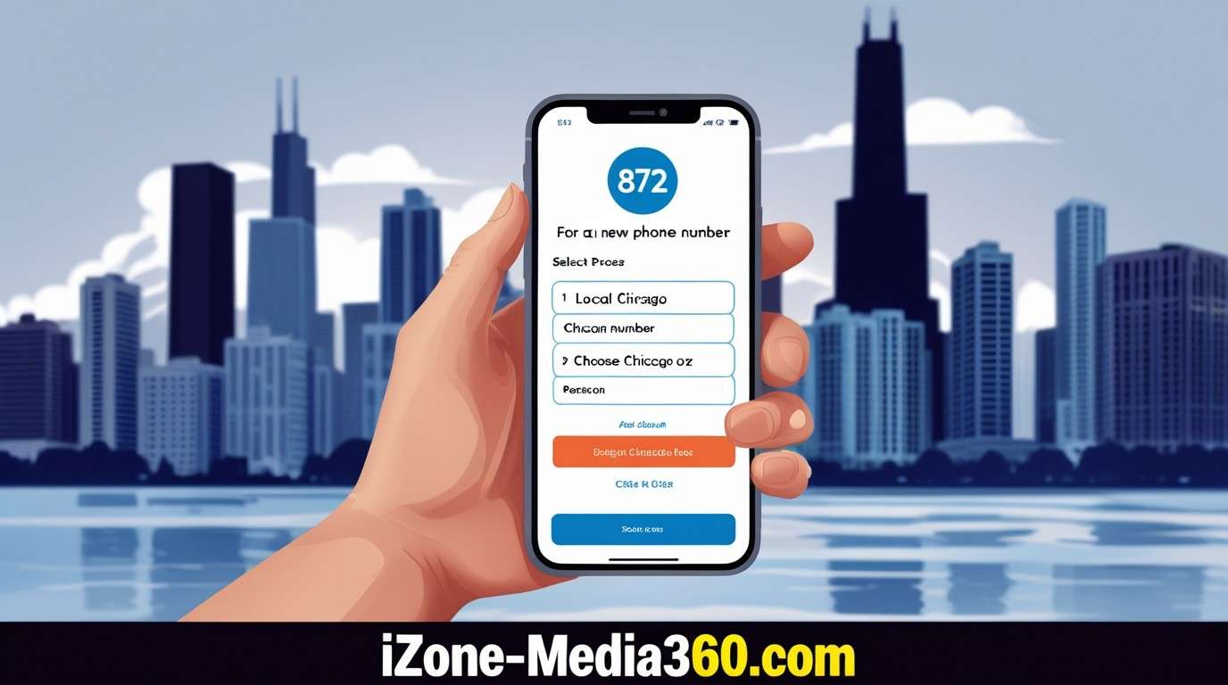 Person selecting a new 872 area code phone number on a smartphone, representing local business registration in Chicago.