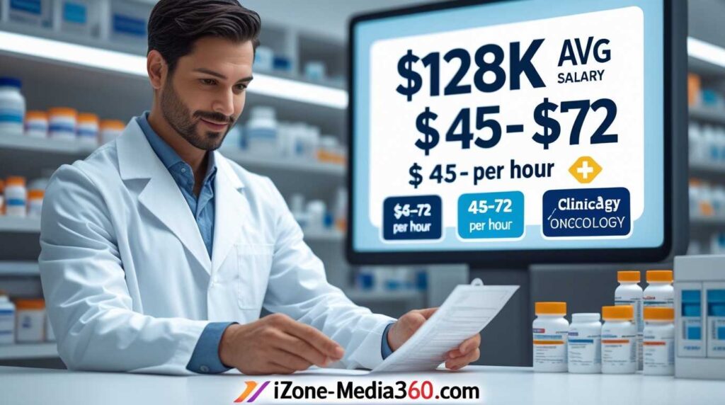 Pharmacist in a modern pharmacy reviewing prescriptions, with 2025 salary statistics and iZone-Media360.com branding.