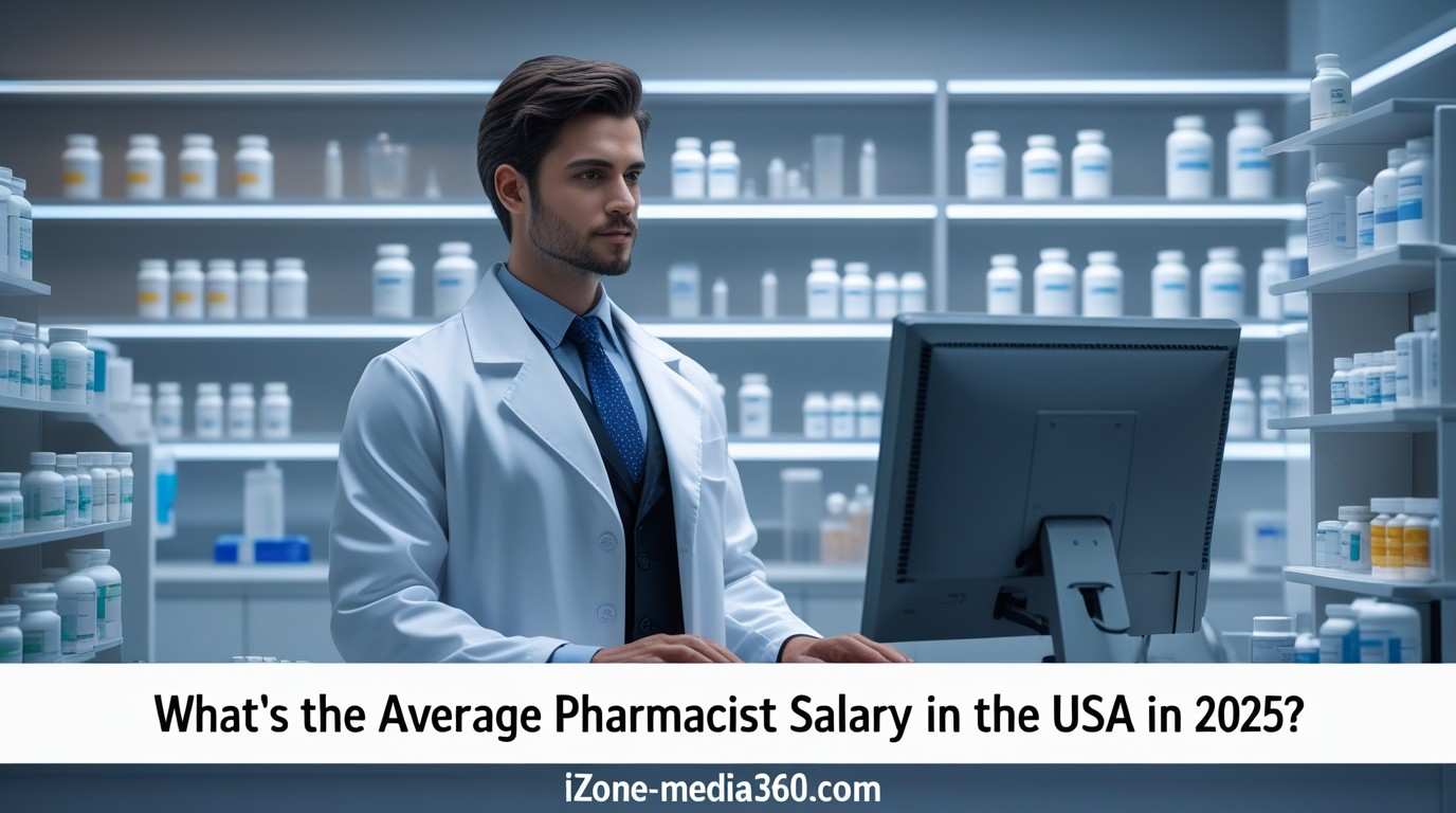 Pharmacist in a modern pharmacy with text 'iZone-Media360.com' and 'What’s the Average Pharmacist Salary in the USA in 2025?