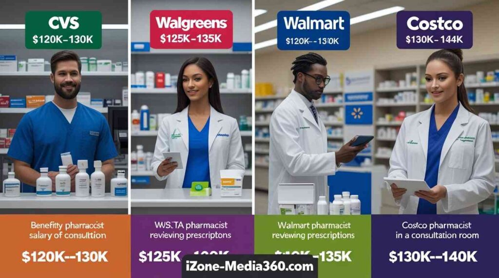 Pharmacist salaries at CVS, Walgreens, Walmart, and Costco compared, showcasing employer-based pay differences.