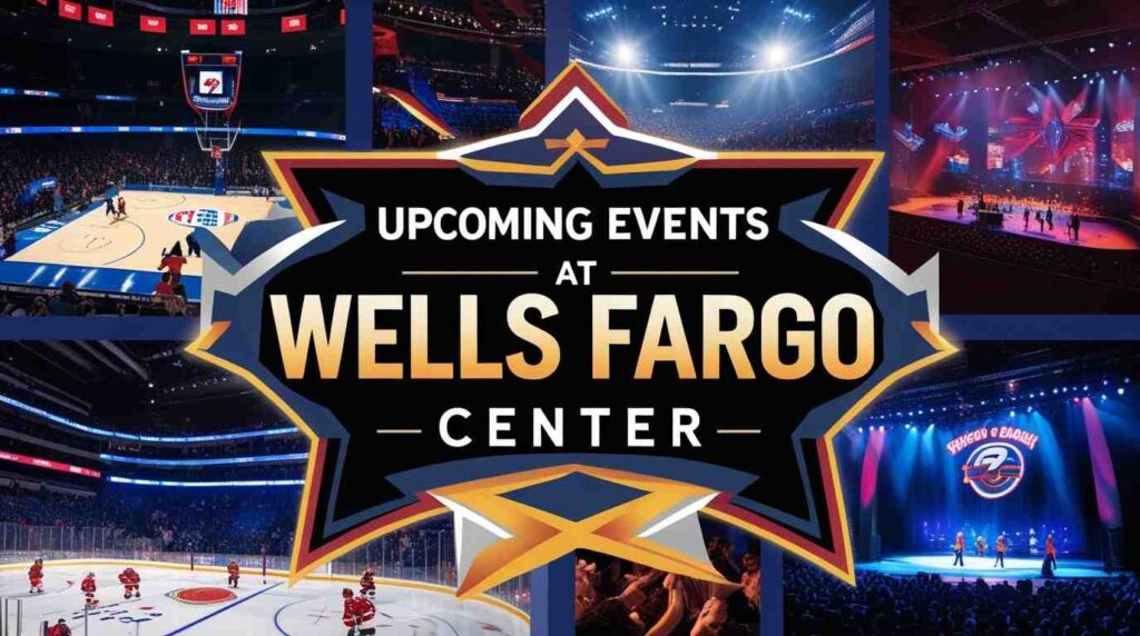 Promotional graphic featuring upcoming events at Wells Fargo Center, including basketball, hockey, concerts, and family shows.