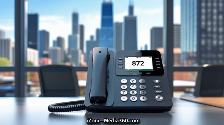 Realistic image of a phone displaying Chicago's local 872 area code in front of the Chicago skyline, representing business communication.