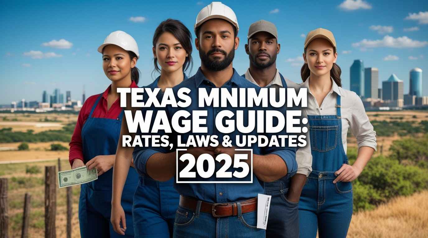 Realistic image of diverse workers in Texas symbolizing minimum wage in Texas, including paychecks and Texas landscapes.