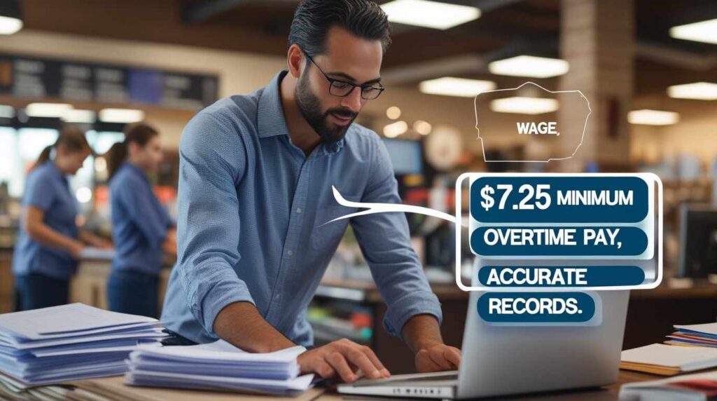 Texas employer reviewing payroll records to ensure compliance with minimum wage laws.