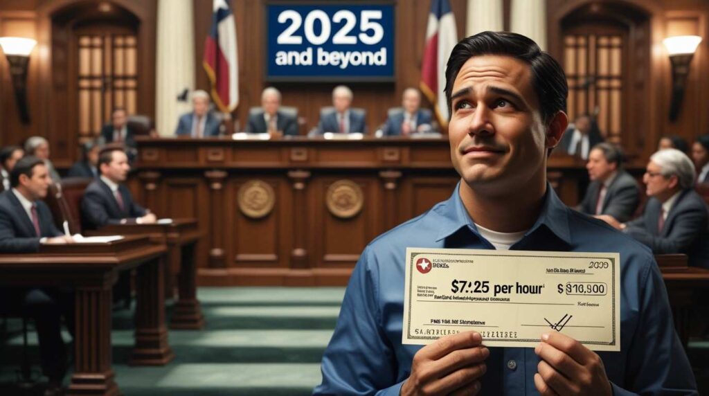 Texas lawmakers discussing future minimum wage changes while a worker holds a $7.25 paycheck in 2025.