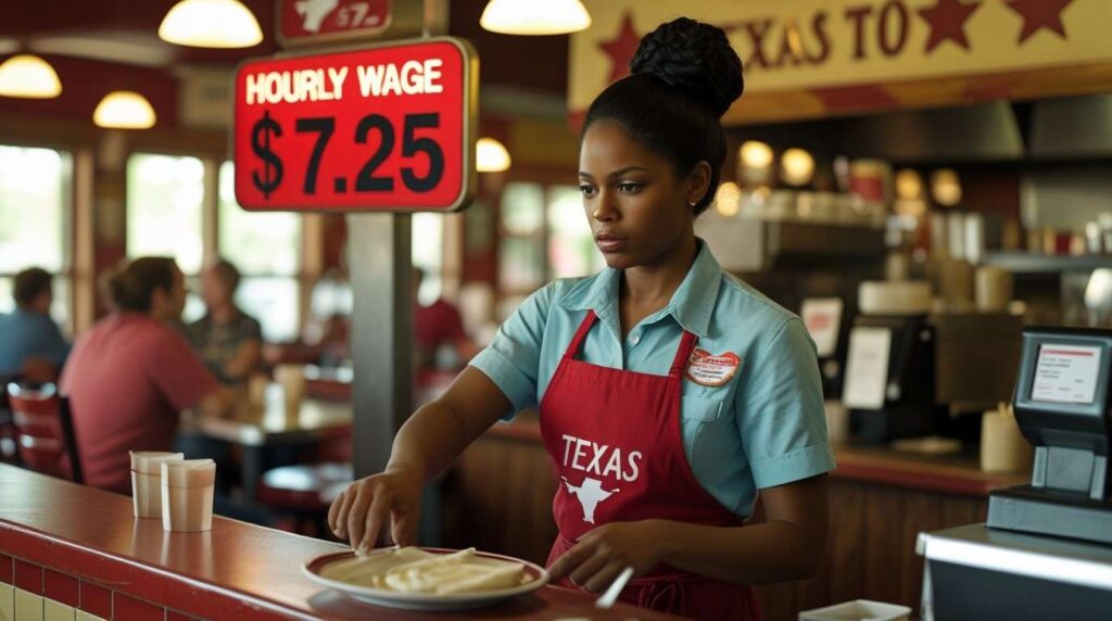 Texas restaurant worker earning $7.25 per hour, taking an order in a busy diner with a classic Texas-style interior.