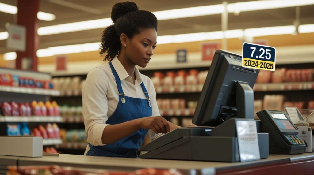 Texas retail worker earning $7.25 per hour in 2024-2025, assisting a customer at a store cash register.