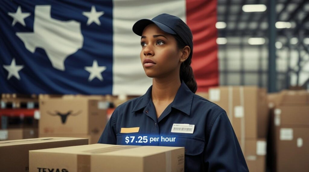 Texas warehouse worker earning $7.25 per hour, symbolizing the federal minimum wage's effect on Texas workers.