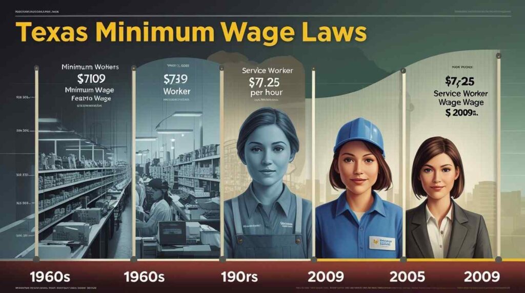 Timeline of Texas minimum wage history, showing workers from the 1960s to today earning $7.25 per hour.