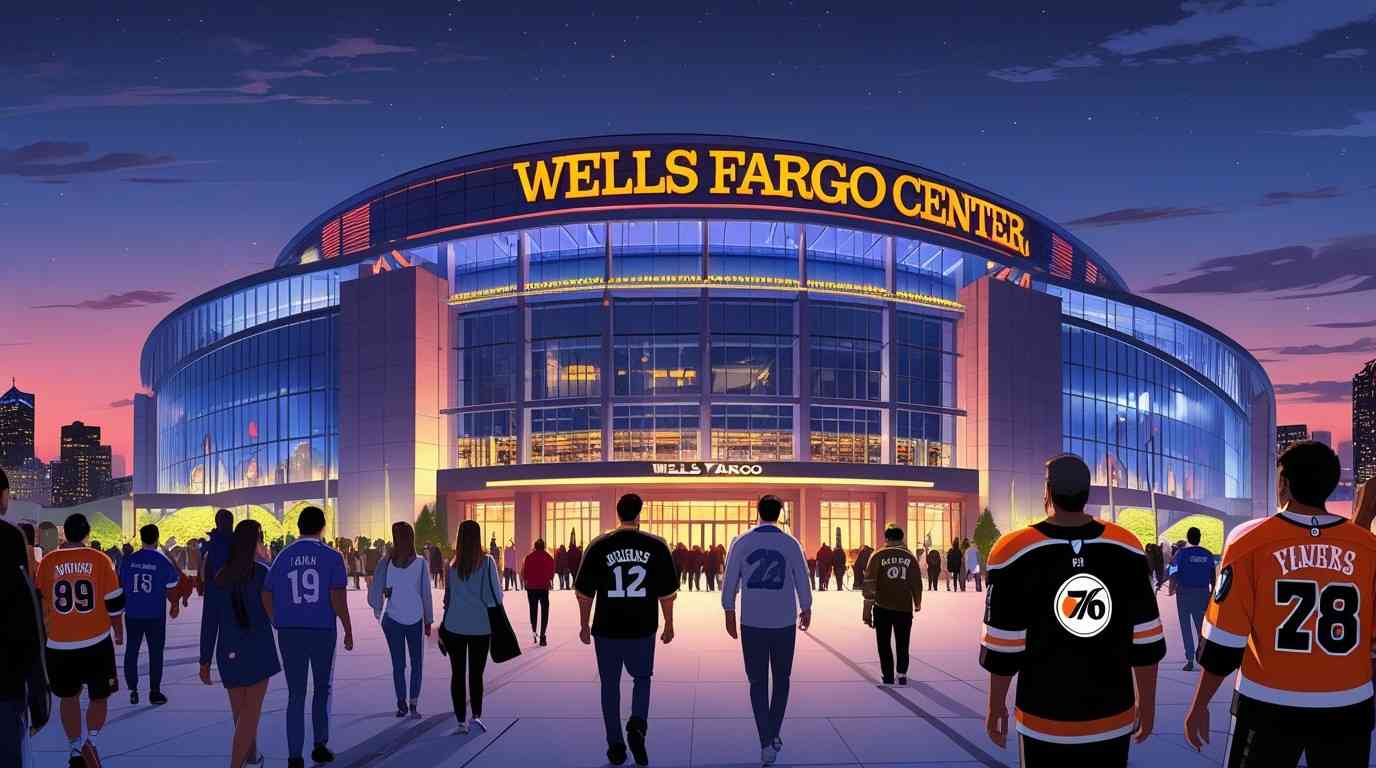 Wells Fargo Center at night with fans arriving.