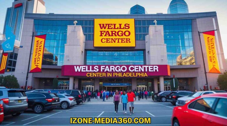 Wells Fargo Center in Philadelphia with event banners, lively atmosphere, and text overlay.