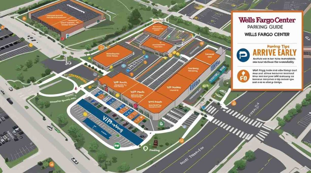 Wells Fargo Center parking map showing parking lots, garages, and tips for convenient parking near the venue.