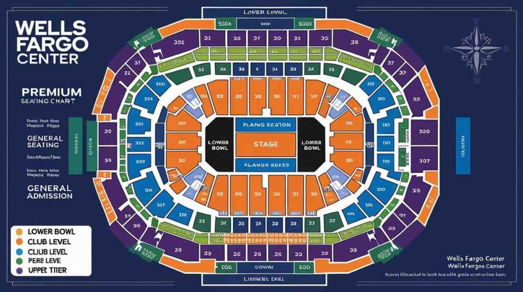 Wells Fargo Center seating chart showing lower bowl, club level, and upper tier sections, with labels for easy navigation.