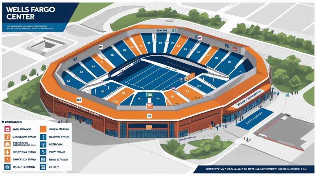 Wells Fargo Center venue map highlighting entrances, concessions, restrooms, and key locations for visitor convenience.