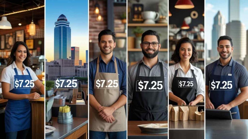 Workers in Houston, Dallas, Austin, and San Antonio earning $7.25 per hour, representing Texas city minimum wage rates.