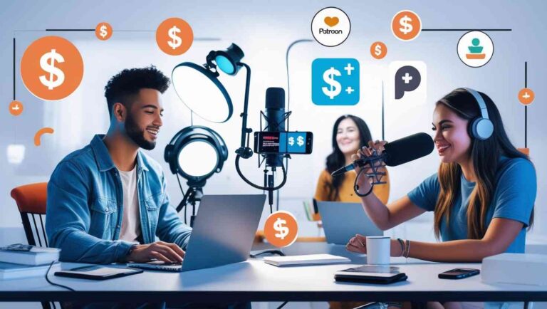 Content creators with monetization icons like dollar signs, products, and subscriptions.